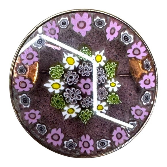 Vintage Millefiori Italy Art Glass Brooch 925 Sterling Silver Floral Design Pin - Picture 2 of 5